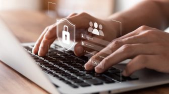 Cybersecurity and privacy concepts to protect data. Lock icon and internet network security technology. Businessmen protecting personal data on tablets and virtual interfaces.