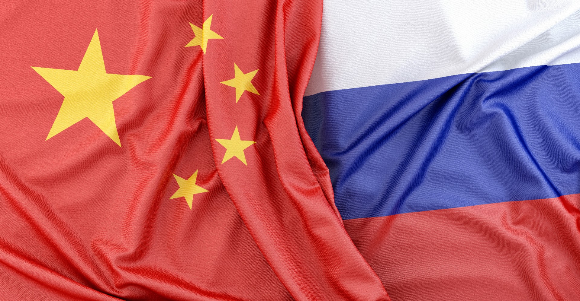 Fabric flag of China is touching flag of Russia. 3D Rendering