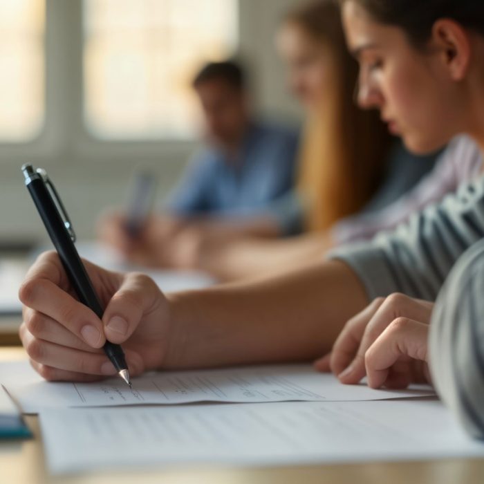 Students concentrate on educational admission test. Focused young people in classroom take test. Actively write answers with pens. Students in university class. Focused writing diligently. Exam