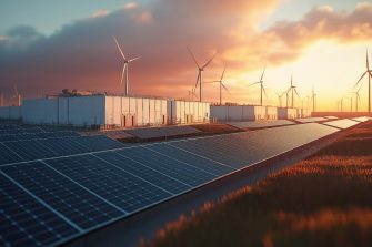 Aerial view of solar power and battery storage units in the desert