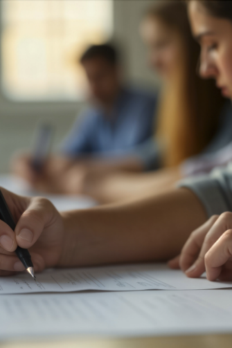 Students concentrate on educational admission test. Focused young people in classroom take test. Actively write answers with pens. Students in university class. Focused writing diligently. Exam