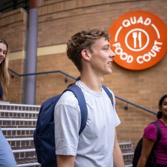 A group of students walking down the Helen Maguire Lawn steps