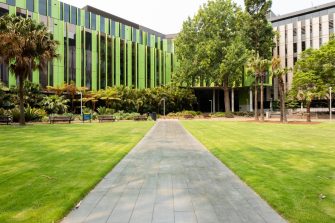 The Michael Birt lawn in front of the Wallace Wurth and Biological Sciences buildings