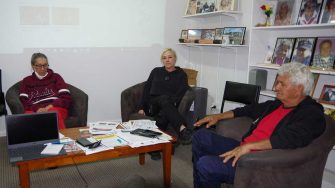 DEG’s Virginia Robinson with Ranger Team’s Meredith Robinson and Ernest Sands reflecting after their induction into DEG’s Cultural Values Register, at the Elders Centre