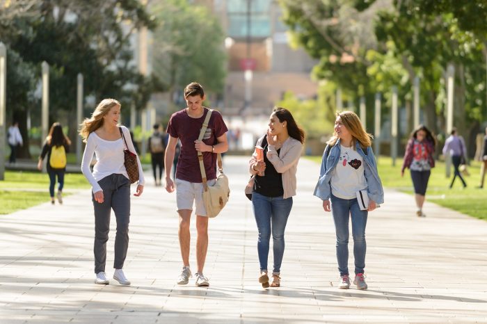 Students walking down the main walkway at the UNSW Kensington Campus