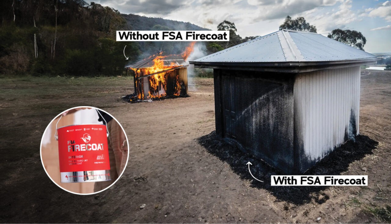 Field testing of two small houses, one with FIRECOAT and the other without.