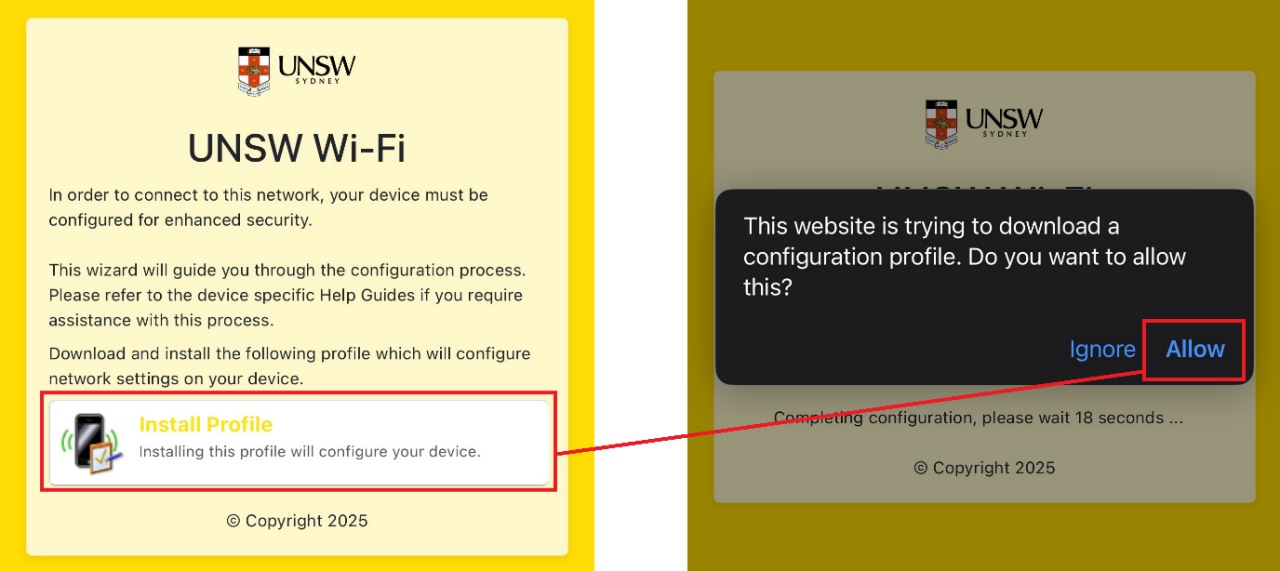 iOS device eduroam screenshots