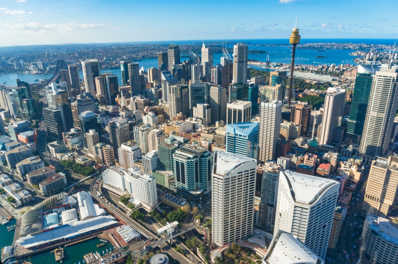 Aerial cityscape of Sydney Central Business District with Sydney landmarks and Sydney Harbour. Sydney, Australia. Urban background