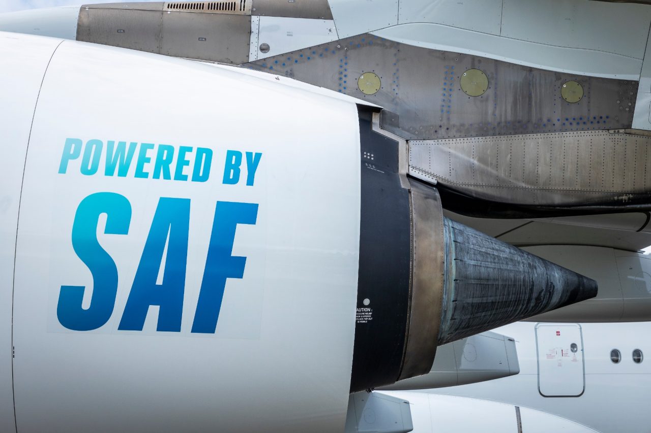 Powerful jet engine powered by SAF Sustainable Aviation Fuel for eco-friendly air transportation