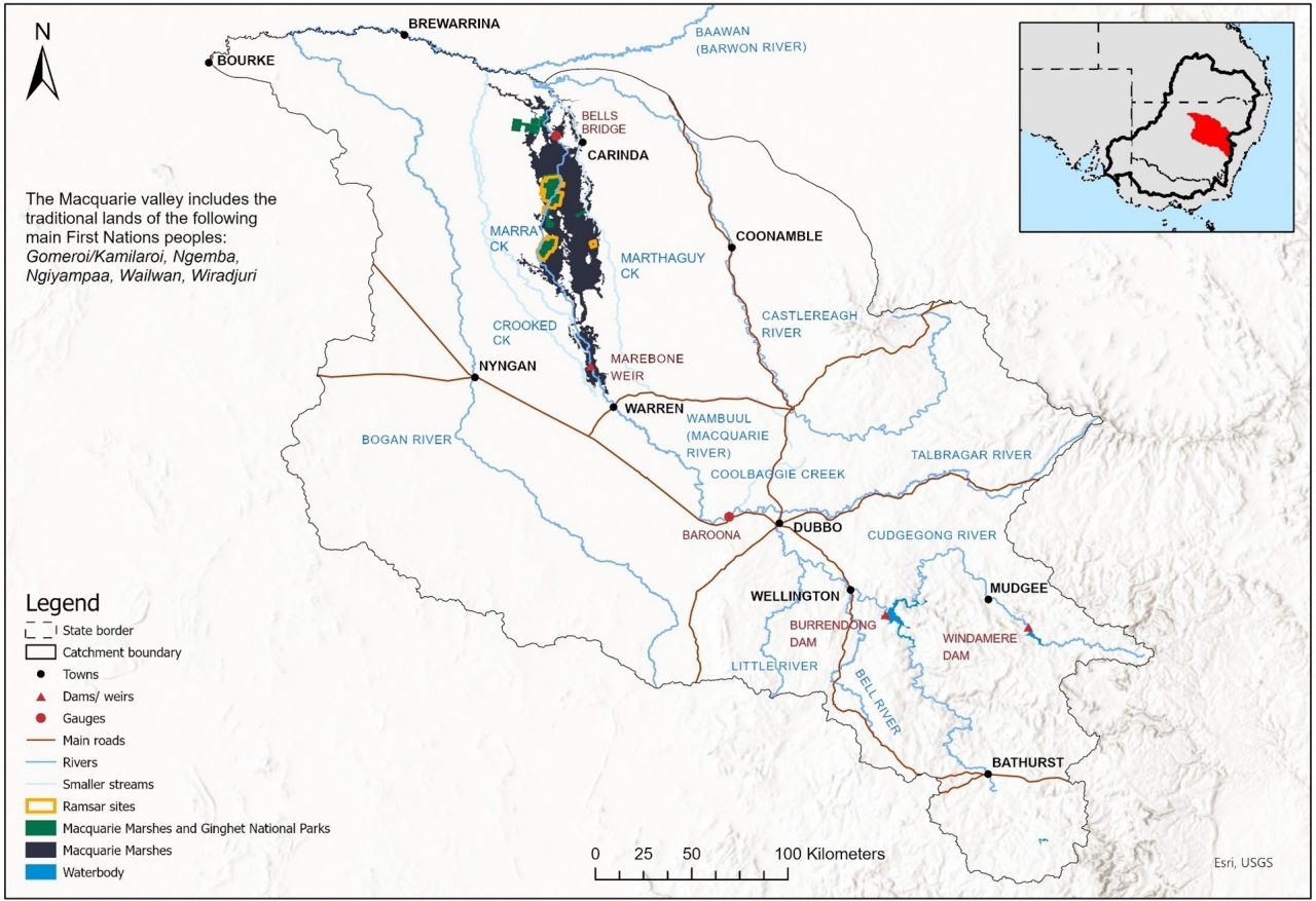 Showing major towns such as Bathurst and Dubbo, Windamere and Burrendong Dam in the south of the catchment, unregulated and regulated rivers, artificial channels and environmental assets, including the Macquarie Marshes in the north of the catchment