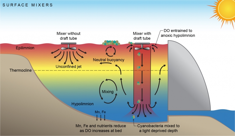 Surface mixers, Artificial destratification. Cold water pollution: A review.